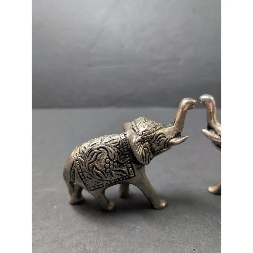 Lot Of 2 India Metal Elephants Hand Carved Collectible Trunks UpFigures 4